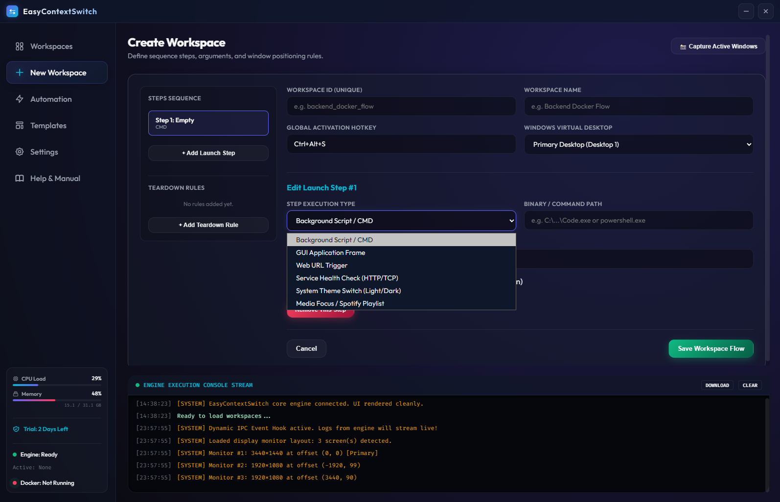 Creating a new custom workspace profile configuration with steps