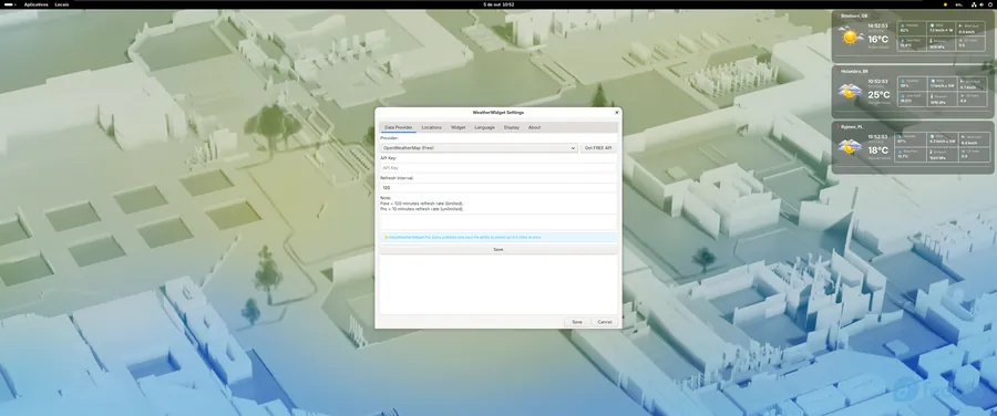 WeatherWidget on Fedora Linux demonstrating out-of-the-box demo mode