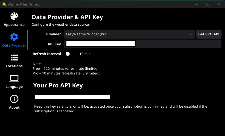 WeatherWidget settings panel showcasing data provider options and Pro API conversion prompt