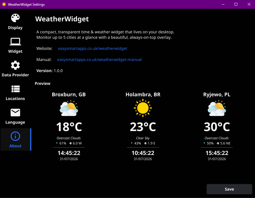 WeatherWidget about settings panel showing application version and project information