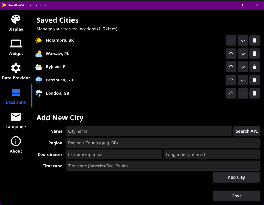 WeatherWidget City Locations settings tab showing configured cities list and management controls
