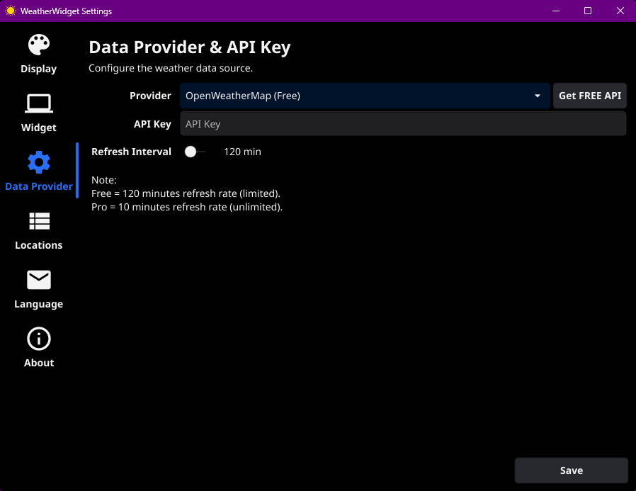WeatherWidget Data Provider settings tab showing free tier and Pro API key entry options