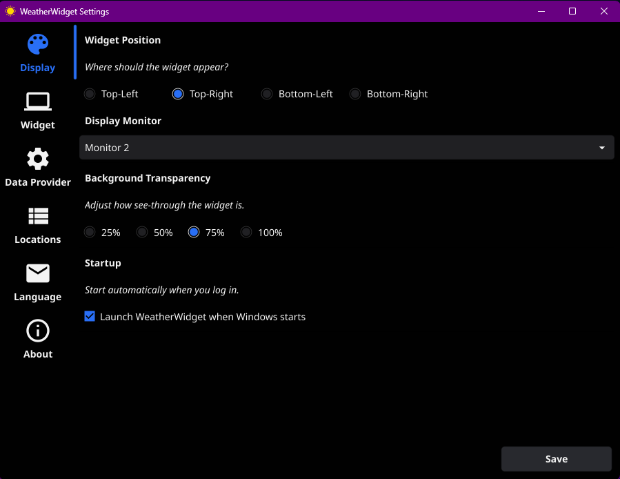 WeatherWidget display settings panel showing font size, transparency, background theme, and alignment settings