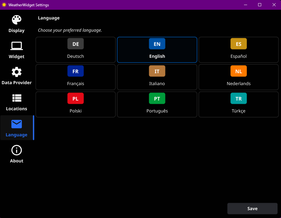 WeatherWidget language selection settings panel with supported UI locales