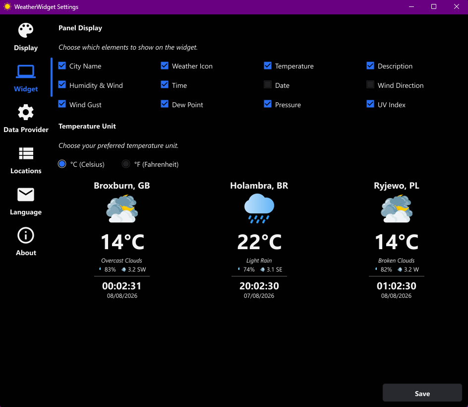 WeatherWidget Data Display settings panel showcasing selectable checkboxes for City Name, Weather Icon, Temperature, Description, Humidity & Wind Speed, Time, Date, Wind Direction, Wind Gust, Dew Point, Pressure, and UV Index