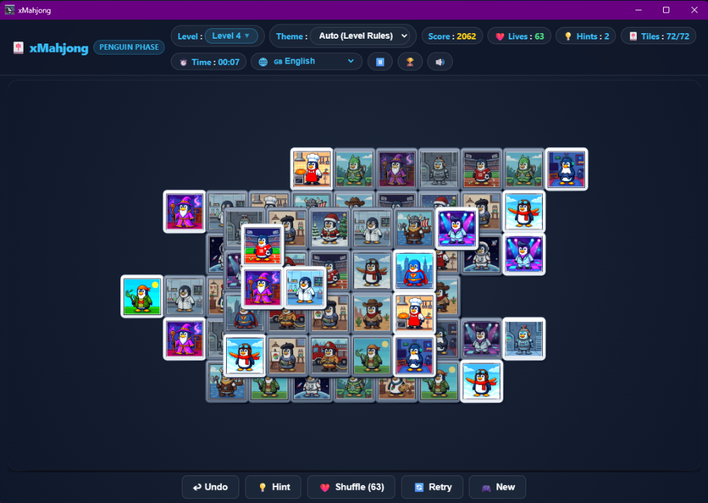 xMahjong Solitaire Gameplay Screen with Penguin Tiles